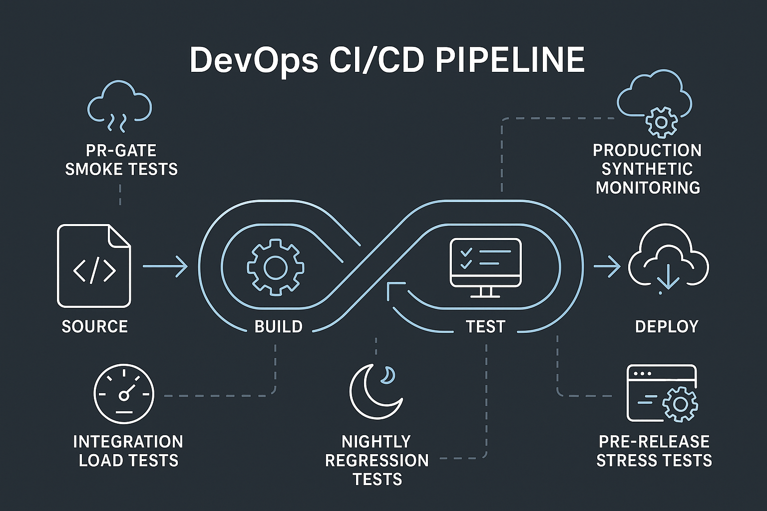 CI/CD Pipeline with Integrated Performance Testing A detailed infographic illustrating a DevOps CI/CD pipeline with embedded performance testing stages. Key elements include: PR-gate smoke tests, integration load tests, nightly regression tests, pre-release stress tests, and production synthetic monitoring.