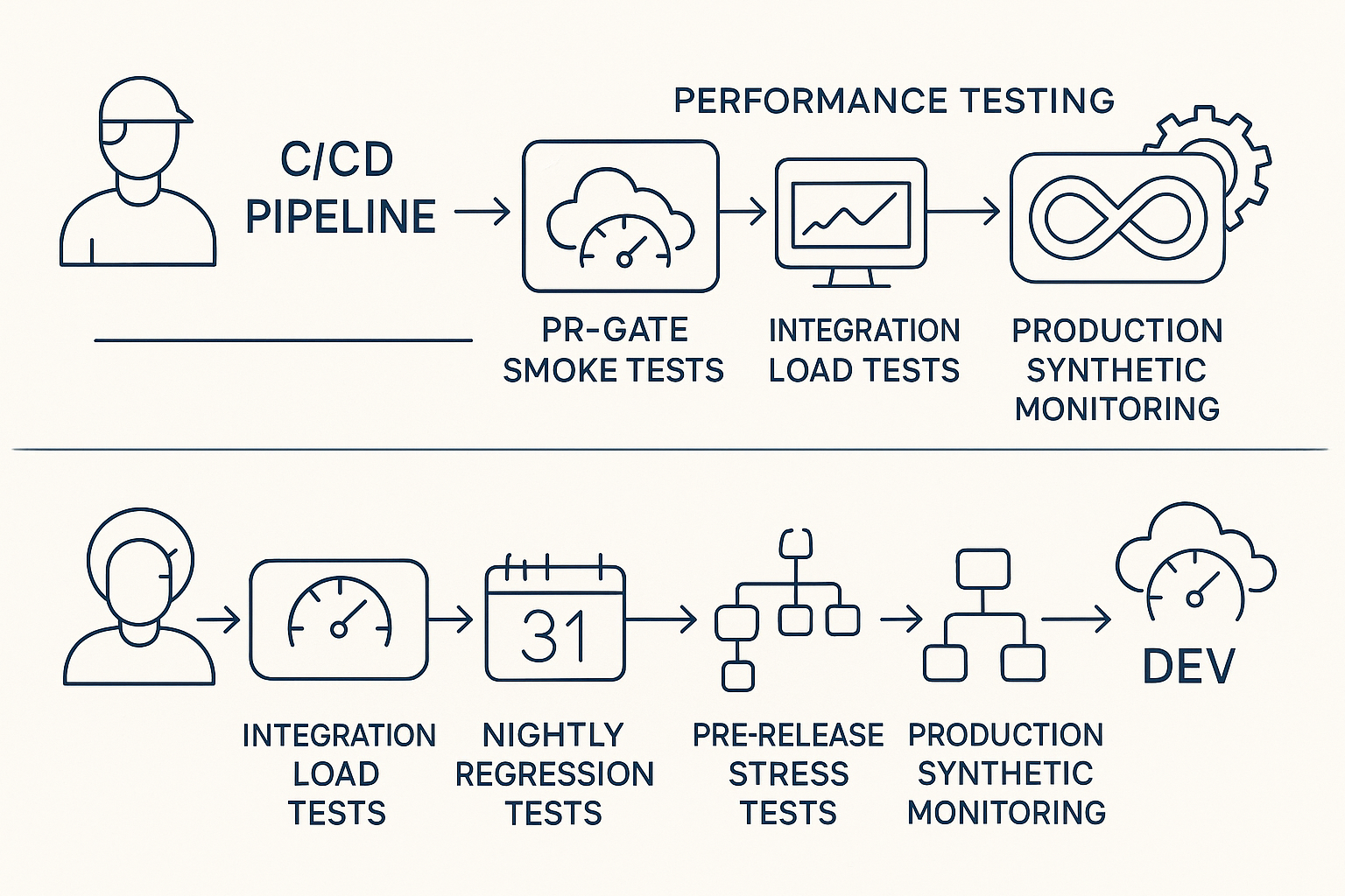 Early Detection vs. Late-Stage Incident A comparative 3D isometric illustration depicting two scenarios: Scenario A with a quick PR-gate smoke test catching a performance issue early, Scenario B with a late-stage production incident due to missed early testing.