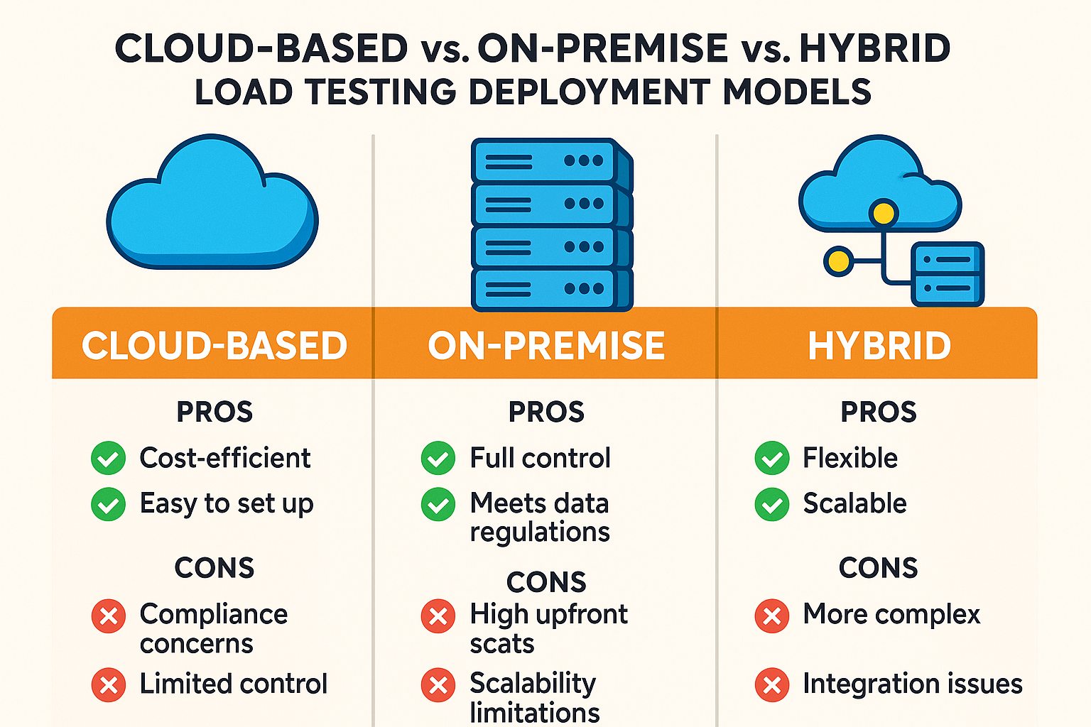 Deployment Models in Load Testing A detailed comparison infographic showing the pros and cons of cloud-based versus on-premise versus hybrid load testing deployment models. Each section highlights key features like cost-efficiency, compliance concerns, and scalability, with vibrant icons representing clouds, data centers, and hybrid networks.