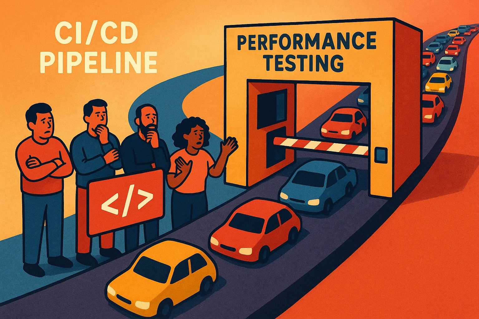 The Performance Testing Bottleneck An illustrative scene depicting a 'Testing as a Gate' mindset barrier causing a bottleneck in a CI/CD pipeline.