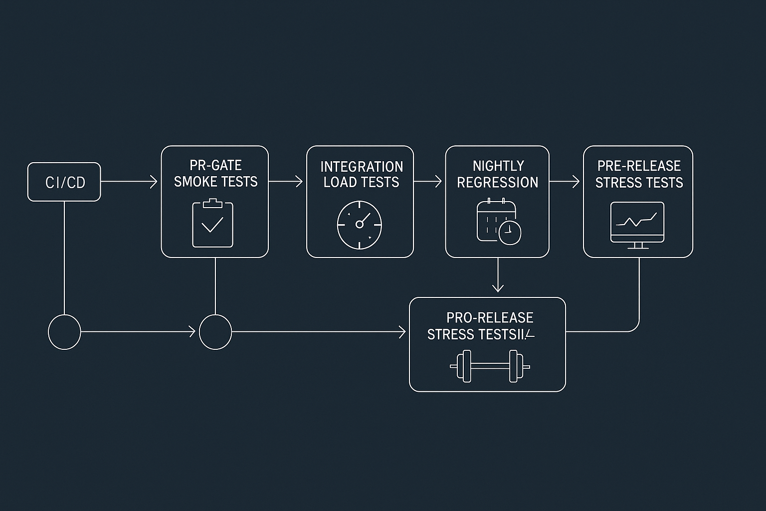 Infrastructure-as-Code for Synced Test Environments Abstract blueprint-style diagram depicting the infrastructure-as-code approach for maintaining performance test environments in sync with production. Elements include cloud resources, network segmentation, infrastructure templates.