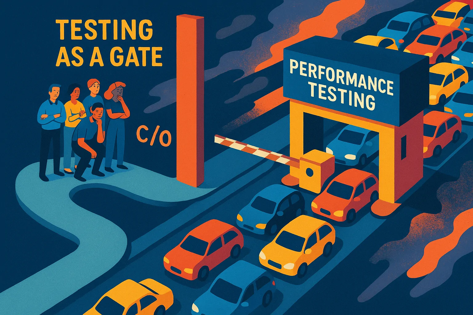 Tiered Performance Testing Model A detailed 3D isometric diagram showing a multi-tiered performance testing model in a DevOps environment.