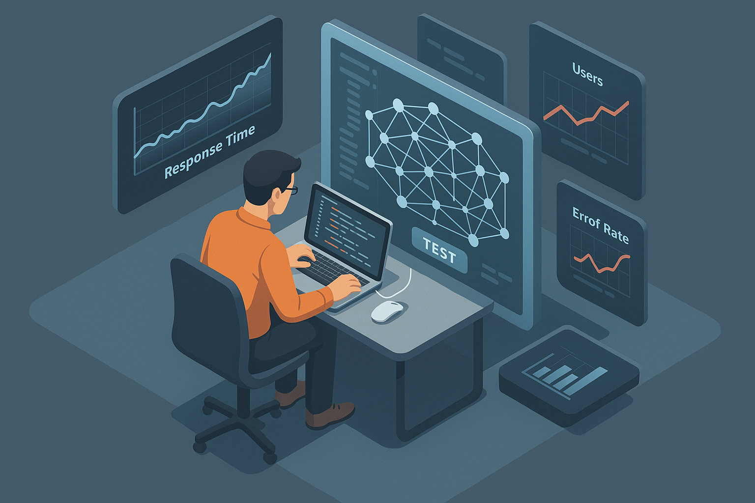 Traditional Load Testing Workflow An isometric 3D render showing a traditional load testing workflow. The scene includes a developer manually scripting and adjusting test parameters using a complex, web-like interface. Various metrics, like response time and error rate, are displayed on floating virtual screens around the developer.