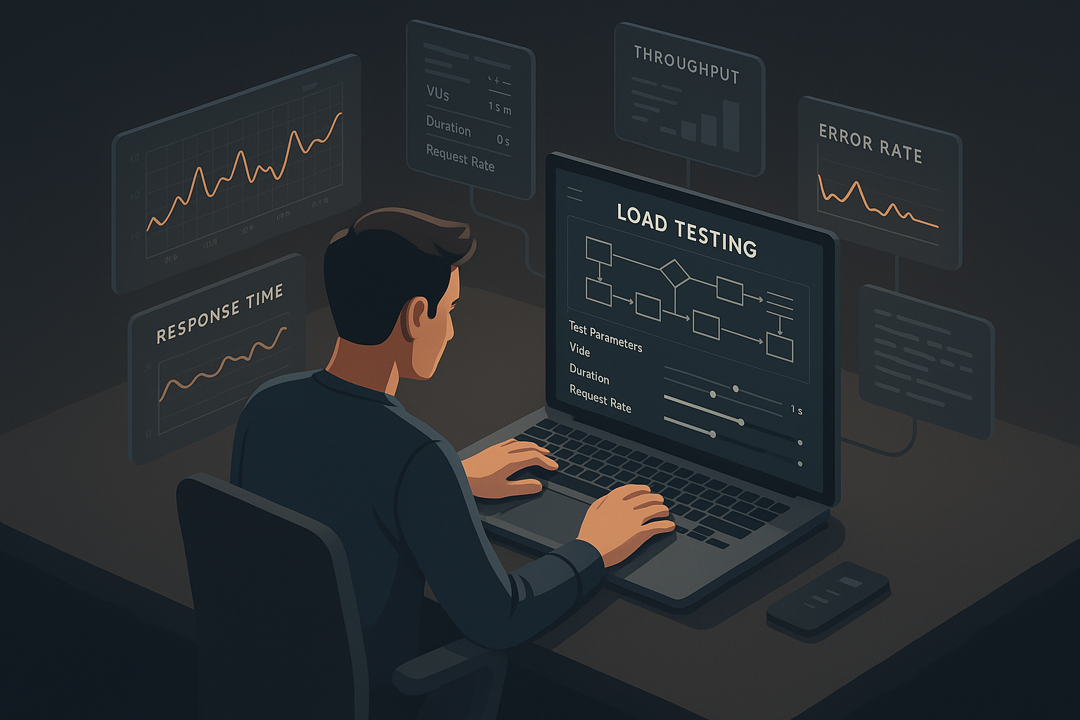 AI Load Testing in Dynamic Microservices A cinematic illustration depicting a complex network of microservices with dynamic traffic routes, marked by fluctuating data lines and adaptive thresholds highlighting where AI load testing intervenes.