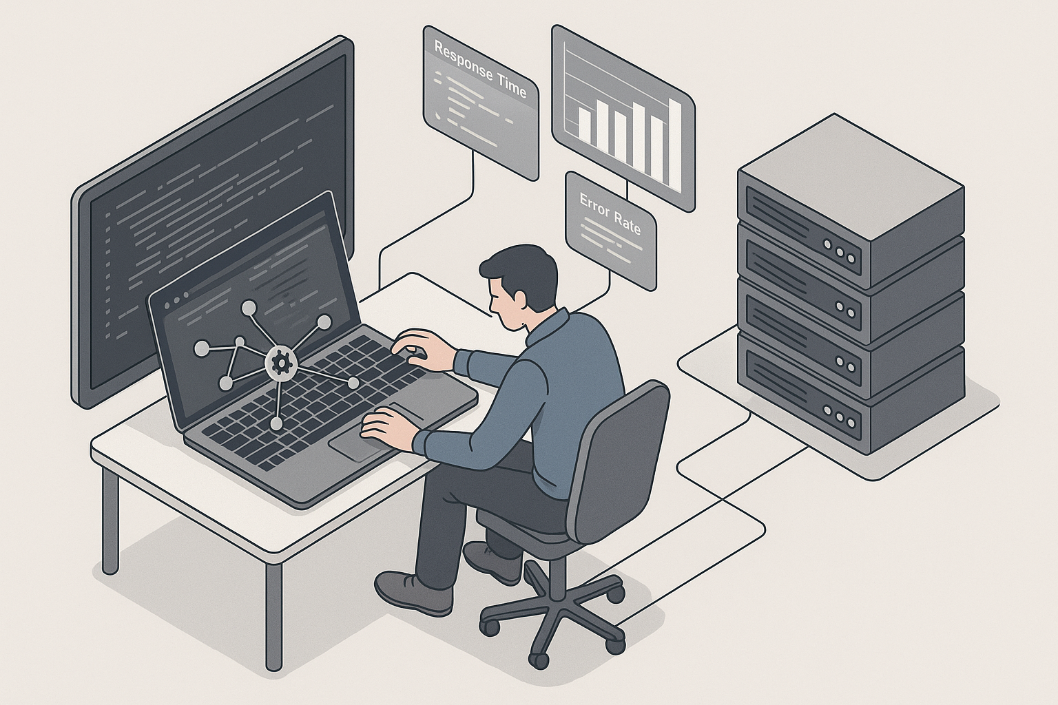 Traditional vs. AI Load Testing: A Comparison A vector line-art illustration showing a split-panel comparison. Left panel: traditional load testing with static scripts and infrastructure, depicting heavy manual intervention and outdated scripts. Right panel: AI load testing with automated analysis and dynamic, adaptive strategies.