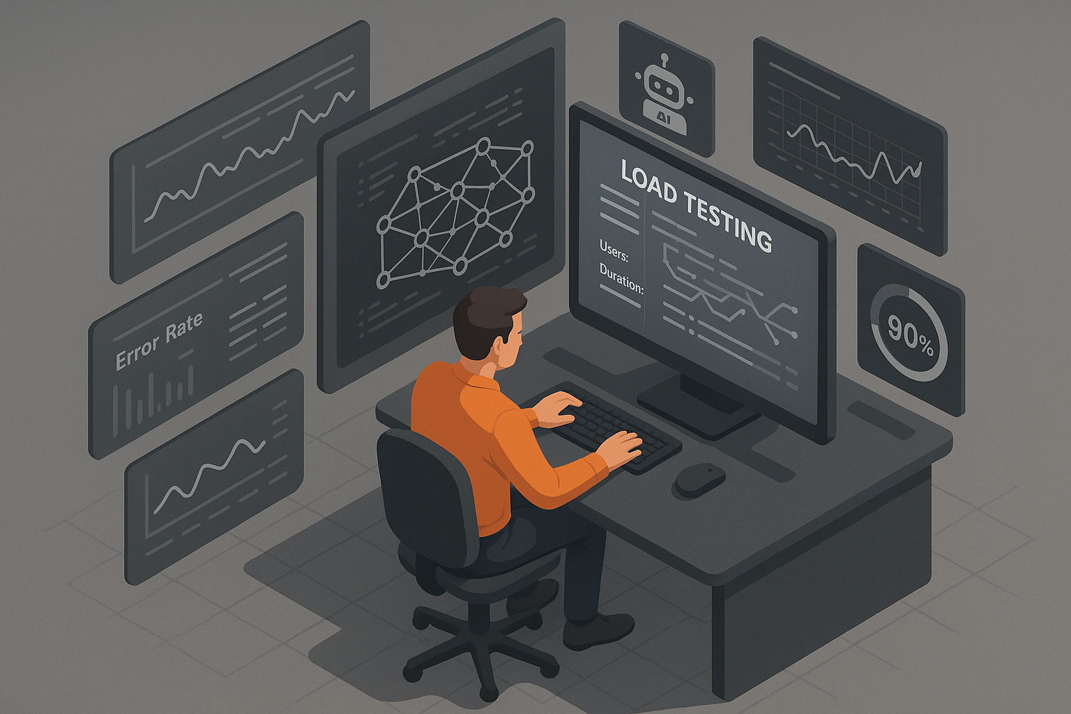 Modern Engineering Team with AI Load Testing A photorealistic composite showing a modern tech team collaborating over digital dashboards and AI-enhanced reports on performance metrics. Multiple screens display real-time data, indicating responsiveness and teamwork in embracing AI tools.