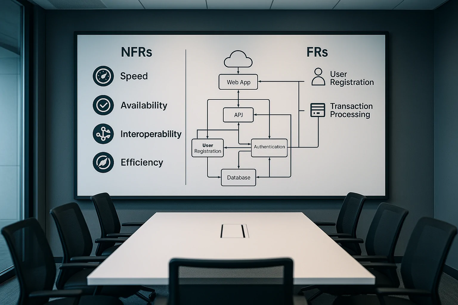 Distinction Between NFRs and FRs A photorealistic composite image showing an empty conference room with a digital whiteboard displaying a complex architectural diagram overlaying NFRs vs. FRs.