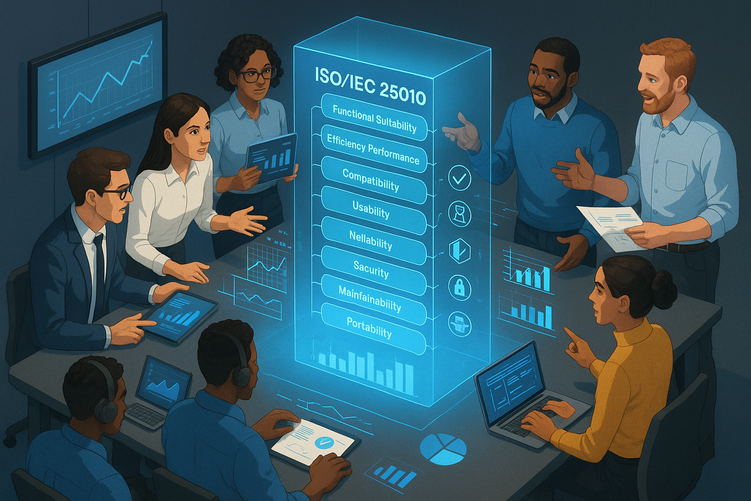 ISO/IEC 25010 in Practice An isometric 3D render of a team working around a holographic display of the ISO/IEC 25010 Quality Model discussing nine characteristics as they connect to software architecture decisions.