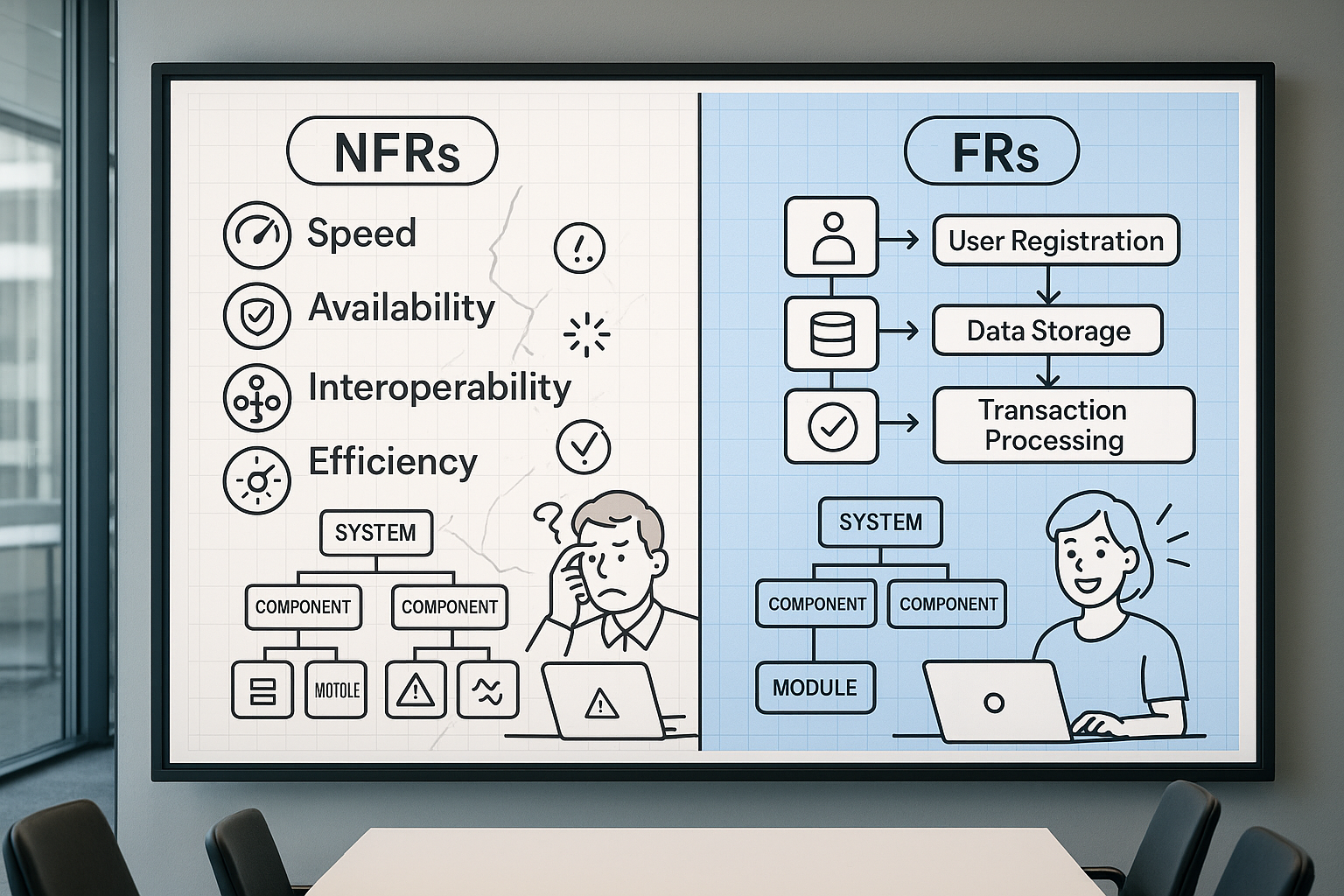 Impact of Ignoring NFRs Vector line-art depicting a comparison between two software architectures: one with performance pitfalls due to ignored NFRs, and the other strategically designed with documented NFRs.