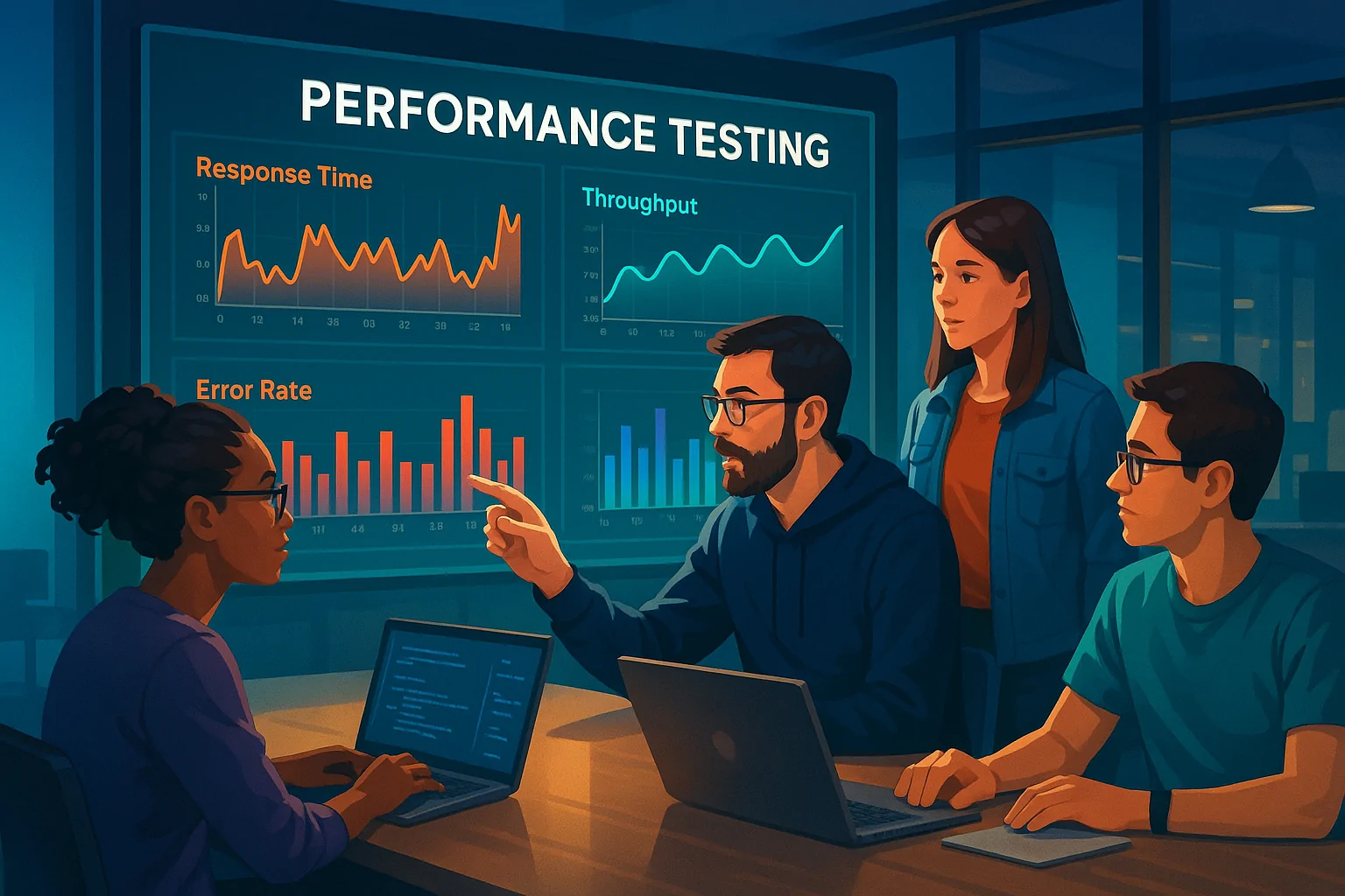 A cinematic illustration showing a team of software engineers analyzing a complex set of performance testing data on a large, interactive screen in a modern tech office setting. The screen displays graphs with various metrics like response time, error rate, and throughput. Style: vibrant and modern, illustrating a high-tech, collaborative work environment with emphasis on data-driven decisions.