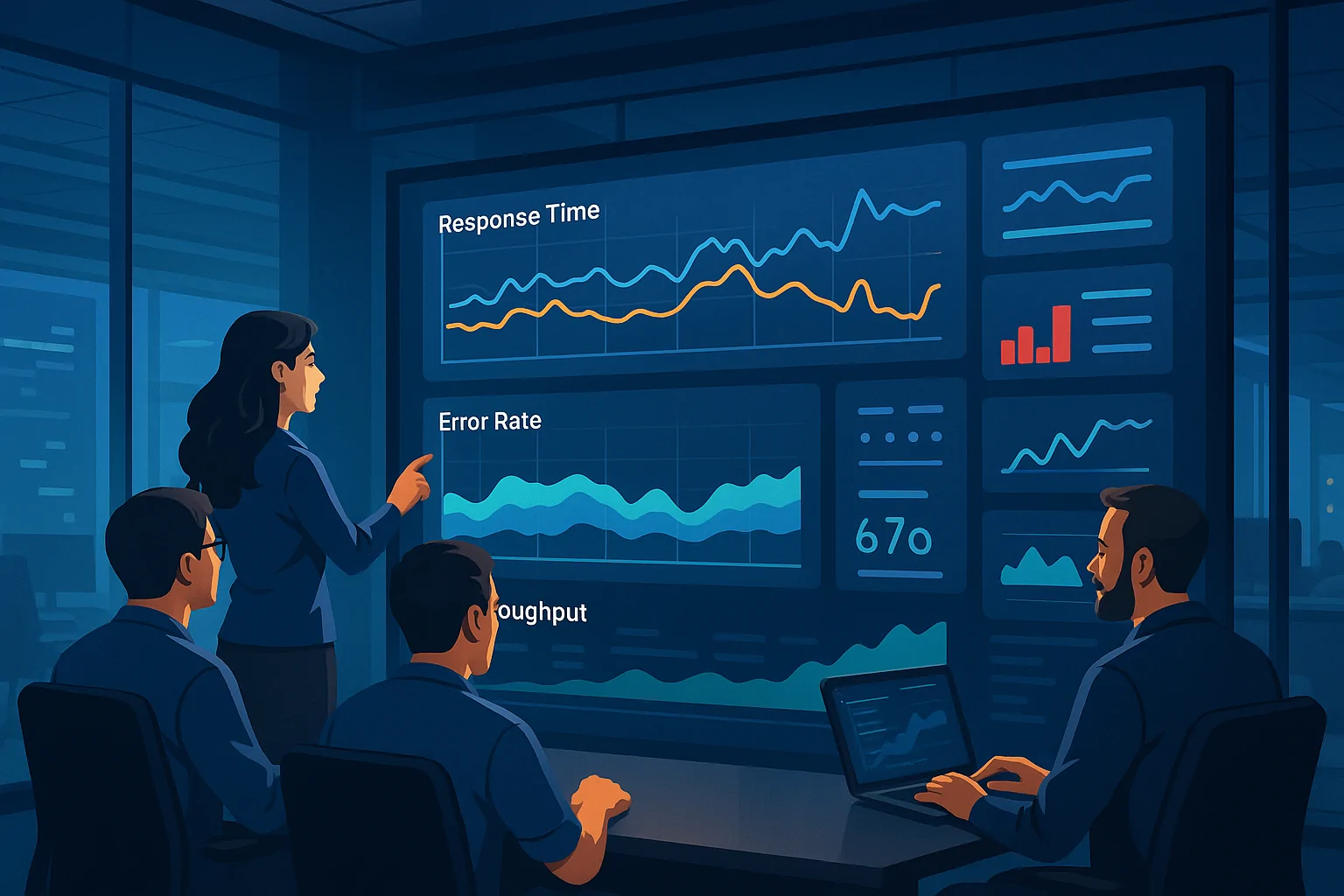 Cloud Infrastructure with Load Testing Tools A detailed, photorealistic composite of a cloud infrastructure bursting with icons representing various load testing tools (e.g., WebLOAD, JMeter, k6, Gatling, Locust). The tools are visually represented generically without branding, showcasing their capabilities in an abstract cloud environment. Style: clean and dynamic, symbolizing modern cloud-based performance testing.