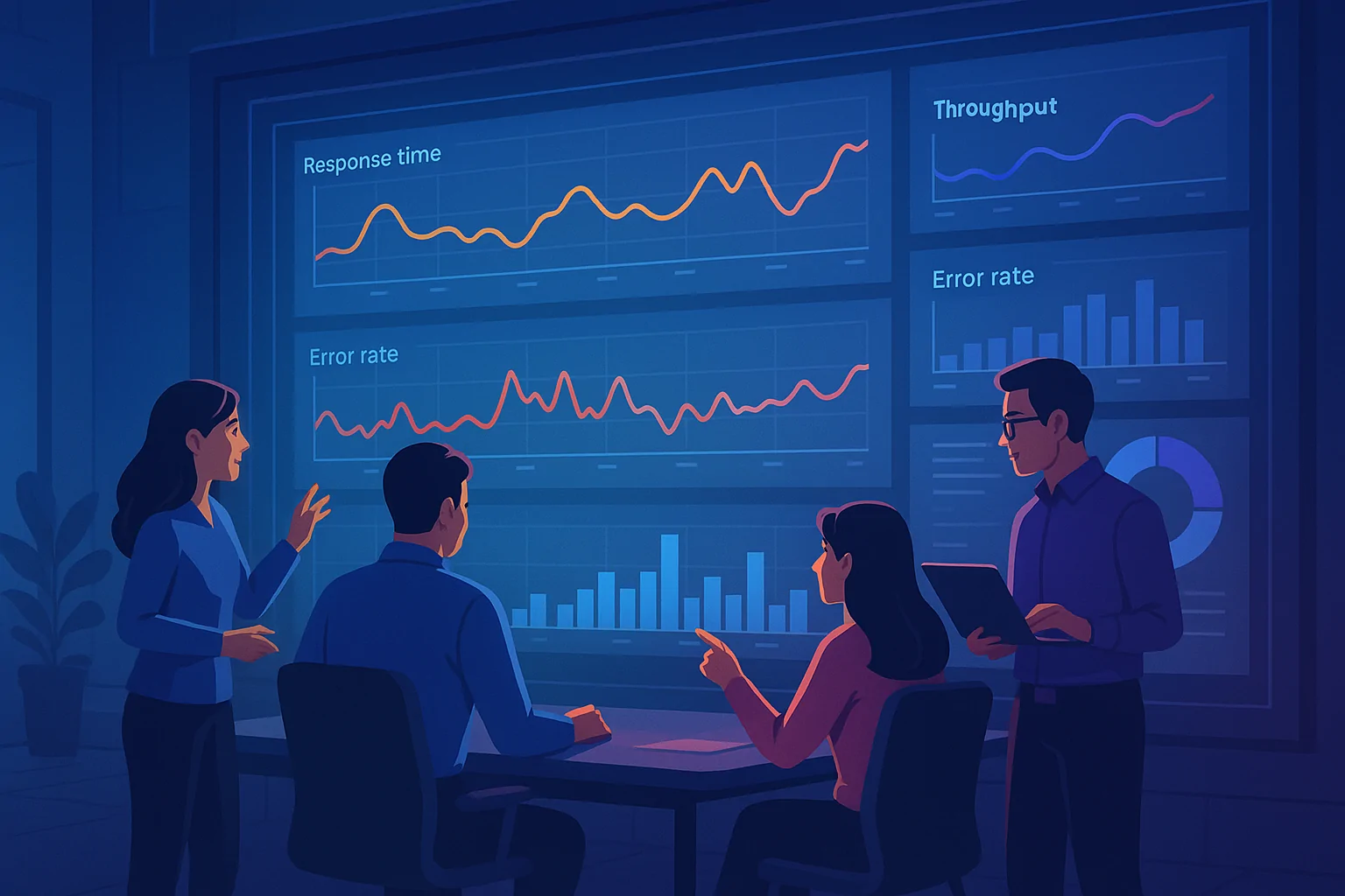 Performance Testing Tools Comparison Matrix A 3D isometric render of a comparison matrix with multi-colored blocks and icons, visually representing different evaluation criteria for load testing tools. Each block is labeled according to criteria like Protocol Support, VU Scale, Scripting Quality, and Cloud Deployment. Style: colorful yet professional, conveying a structured analytical comparison.