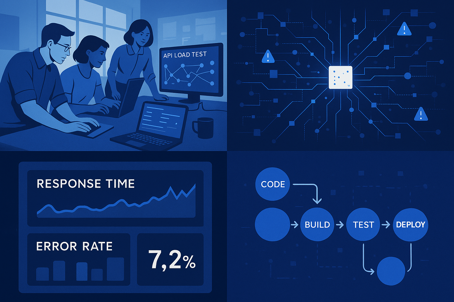 The Complex World of API Load Testing A dynamic grid of four distinct sections representing different scenarios. 1) A bustling tech team collaborating over computers with screens showing API load test simulations, 2) An abstract representation of cascading failures in a digital network, 3) A close-up of a performance metric dashboard highlighting response time and error rates, 4) A modern CI/CD pipeline overview with visual nodes and connections.