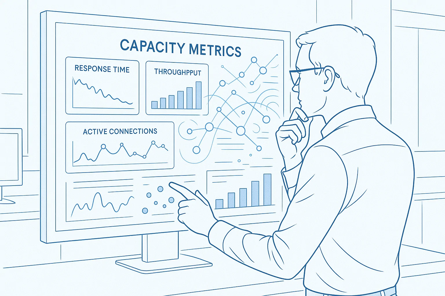Live Monitoring in High-Capacity Server Room Photorealistic composite of a high-capacity server room with vibrant screens displaying live monitoring data on CPU, memory, and network bandwidth. Engineers are interacting with the displays under soft, blue ambient lighting to depict a tech-focused environment.