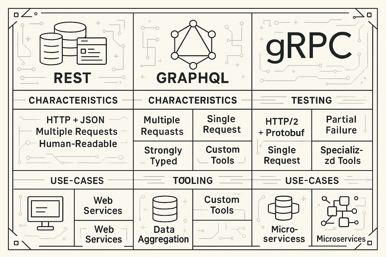 Comparative Guide to REST, GraphQL, gRPC, and WebSocket An intricate comparison chart illustrating four different API paradigms: REST, GraphQL, gRPC, and WebSocket. Style: vector line-art with clear labels and sections showing distinct characteristics, testing methodologies, and use-cases for each paradigm. Emphasize differences in performance, failure modes, and tool requirements with subtle tech motifs and symbols.