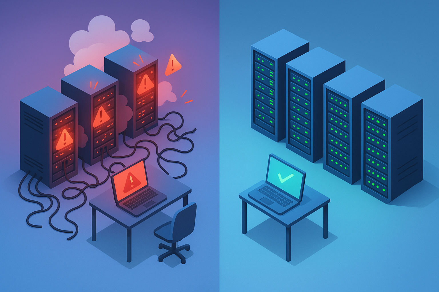 From Chaos to Predictive Order A 3D isometric render depicting a chaotic server room with flashing red alerts, symbolizing traditional slow testing methods. To the right, a modern, orderly server environment glowing with green indicators representing AI predictive testing. Style: vibrant and clean tech aesthetic with subtle gradients and soft shadows.