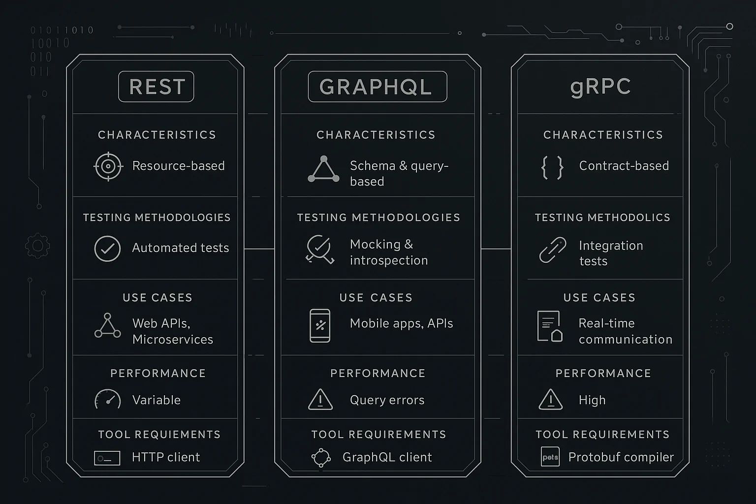 API Network Topology and Testing Strategies A cinematic illustration of a complex network topology map highlighting protocol-based testing strategies. Include REST, GraphQL, gRPC, and WebSocket nodes with realistic connections and live data overlay representing different testing methodologies and challenges. Style: immersive and futuristic with a dark background for a dramatic effect.