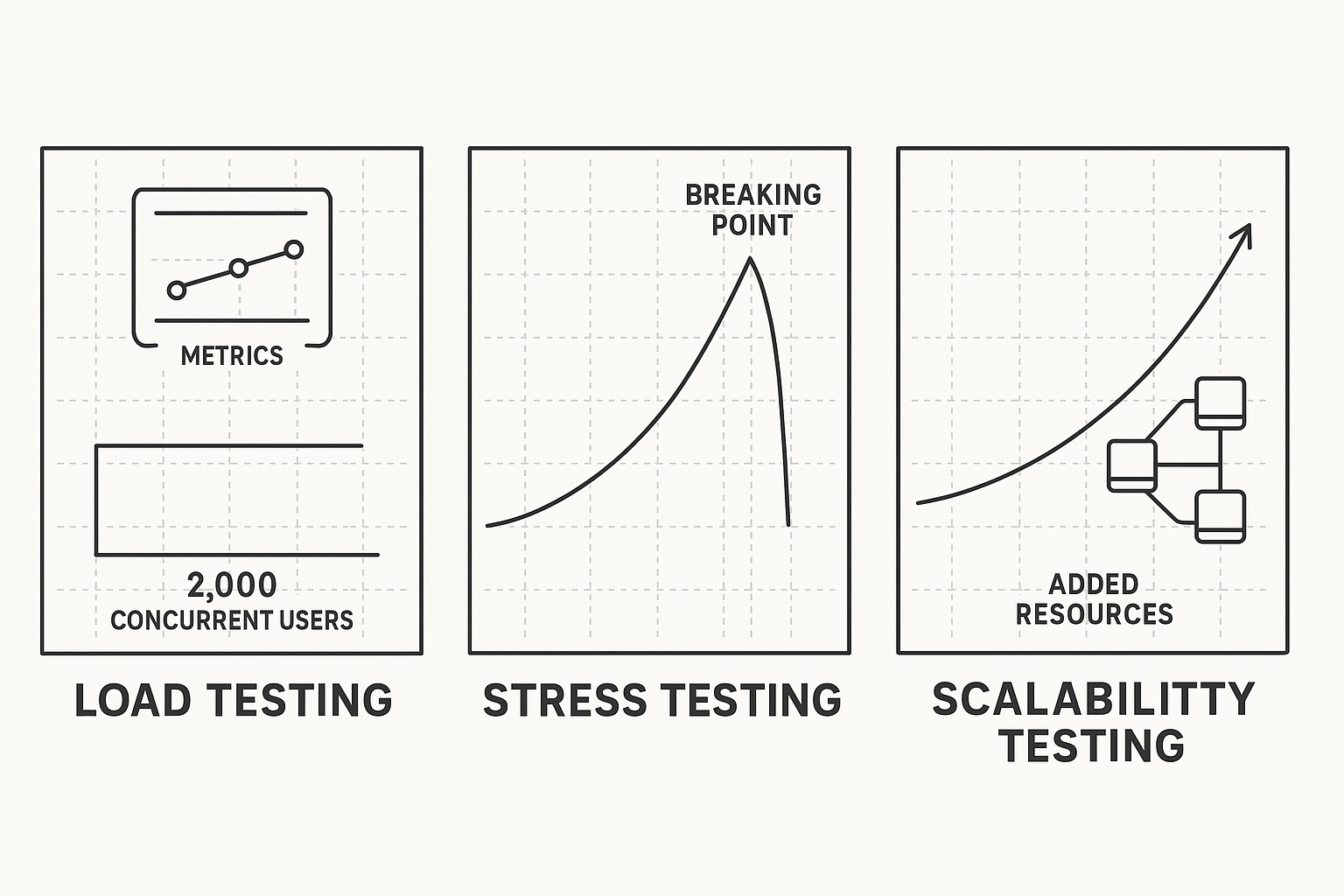 Testing Environment Comparisons A detailed comparative illustration showing three testing environments side-by-side: Load Testing with stable metrics, Stress Testing reaching a breaking point, and Scalability Testing showing proportional scalability with added resources.