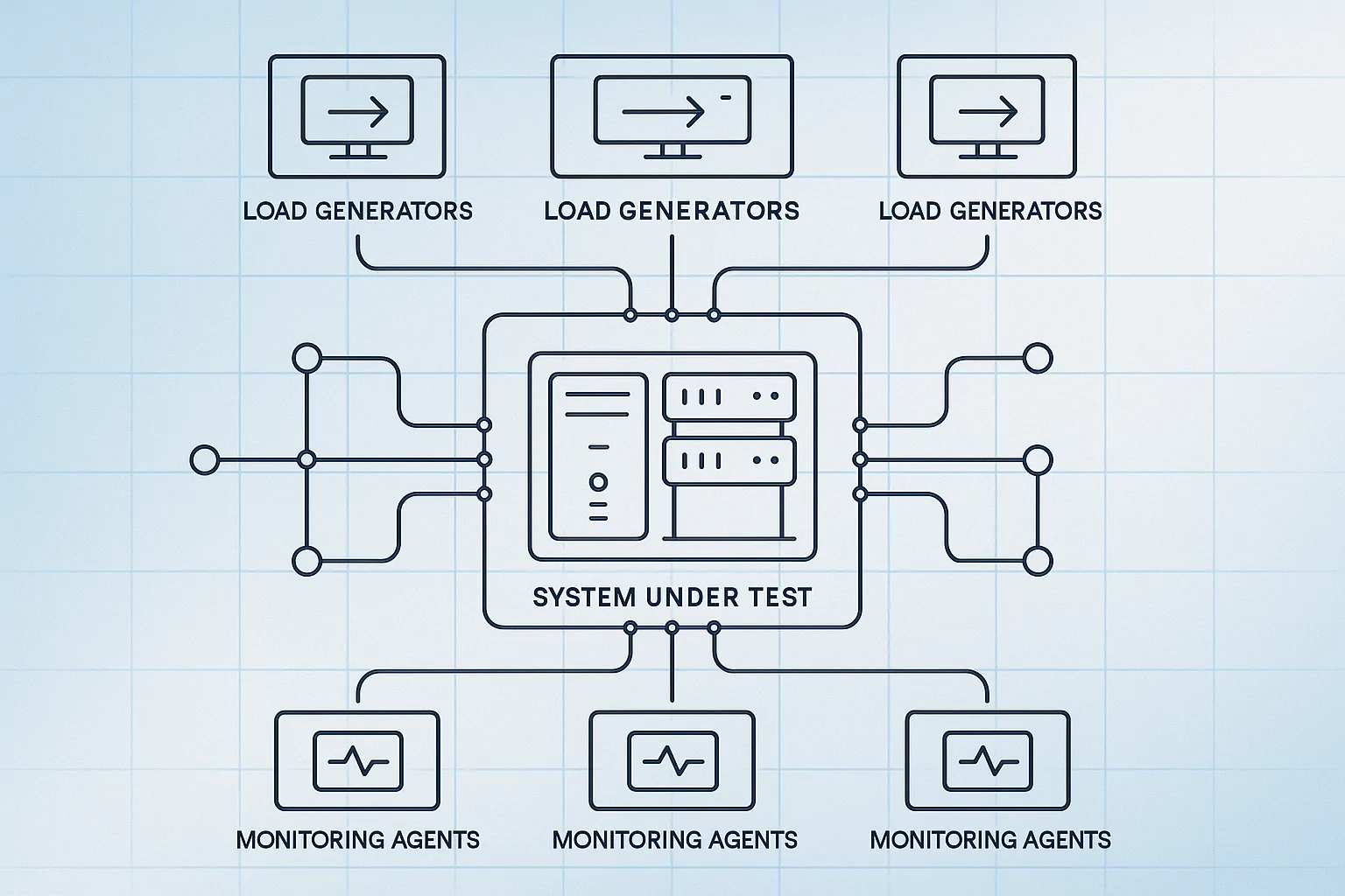 Live Load Test Command Center A modern, photorealistic composite of a command center during a live load test execution. Multiple engineers are collaborating at a large screen displaying real-time metrics such as response time, error rates, and server health indicators. Environment filled with ambient tech lighting and RadView blue highlights.
