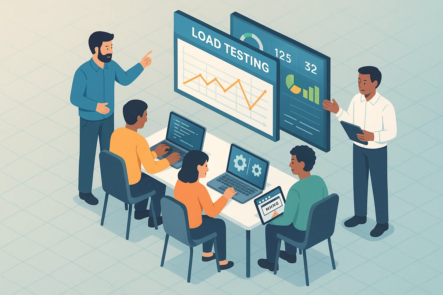 Collaborative Load Testing in Action A detailed, isometric illustration of an engineering team in a modern tech office setting, collaborating on load testing. Visible screens show real-time analytics and test setups. Style: modern, clean grid layout with a subtle gradient background, focusing on collaboration and data analysis.