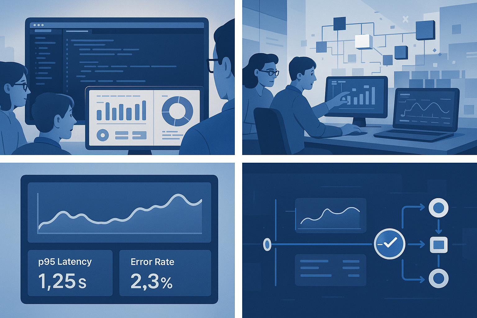 Scripting and Monitoring: A Dual Perspective A clean, over-the-shoulder view of an engineer's computer screen displaying a code editor with an active scripting environment for load testing. Next to it, a second monitor shows a detailed dashboard with metrics like p95 latency and error rate.