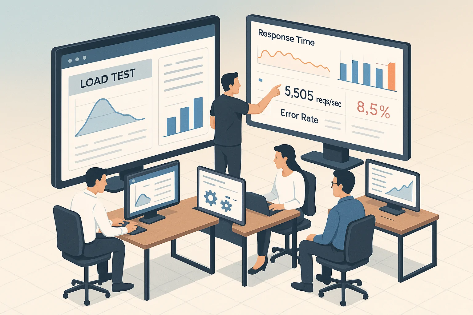 Load Testing Metrics Dashboard A photorealistic dashboard screenshot showcasing real-time load testing metrics: response time, throughput, error rate, with critical insights highlighted. Style: sleek, data-first visualization with crisp details to emphasize accuracy and real-time data.