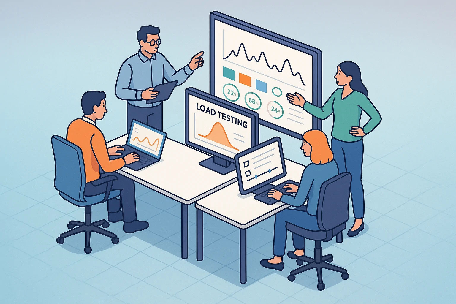 Decision Tree for Load Testing Scenarios A modern vector line-art diagram of different load testing scenarios presented as branches of a decision tree. Each branch describes a scenario like Smoke, Average-Load, Stress, Spike, Breakpoint, and Soak with their attributes. Style: minimalist, vector line-art with a focus on clarity and hierarchy.