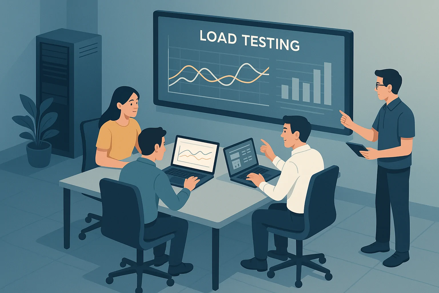 Integrating Load Testing into CI/CD A cinematic illustration of a CI/CD pipeline flowing seamlessly into a cloud of testing tools, symbolizing the integration of load testing into the software delivery lifecycle. Soft shadows and a dark background highlight the seamless flow. Style: cinematic, with fluid transitions and dynamic composition.