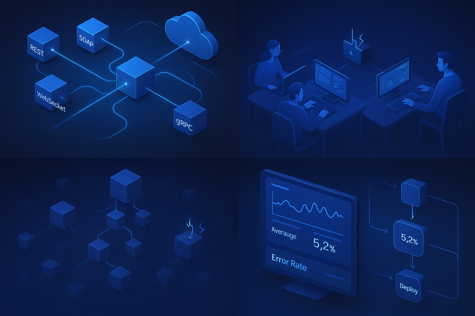 Enterprise API Testing: Beyond Basics Isometric 3D render of an enterprise-grade API testing scenario, featuring interconnected nodes symbolizing diverse protocol support. Highlighted are REST, SOAP, WebSocket, and gRPC connections, with subtle glowing lines representing data flow.