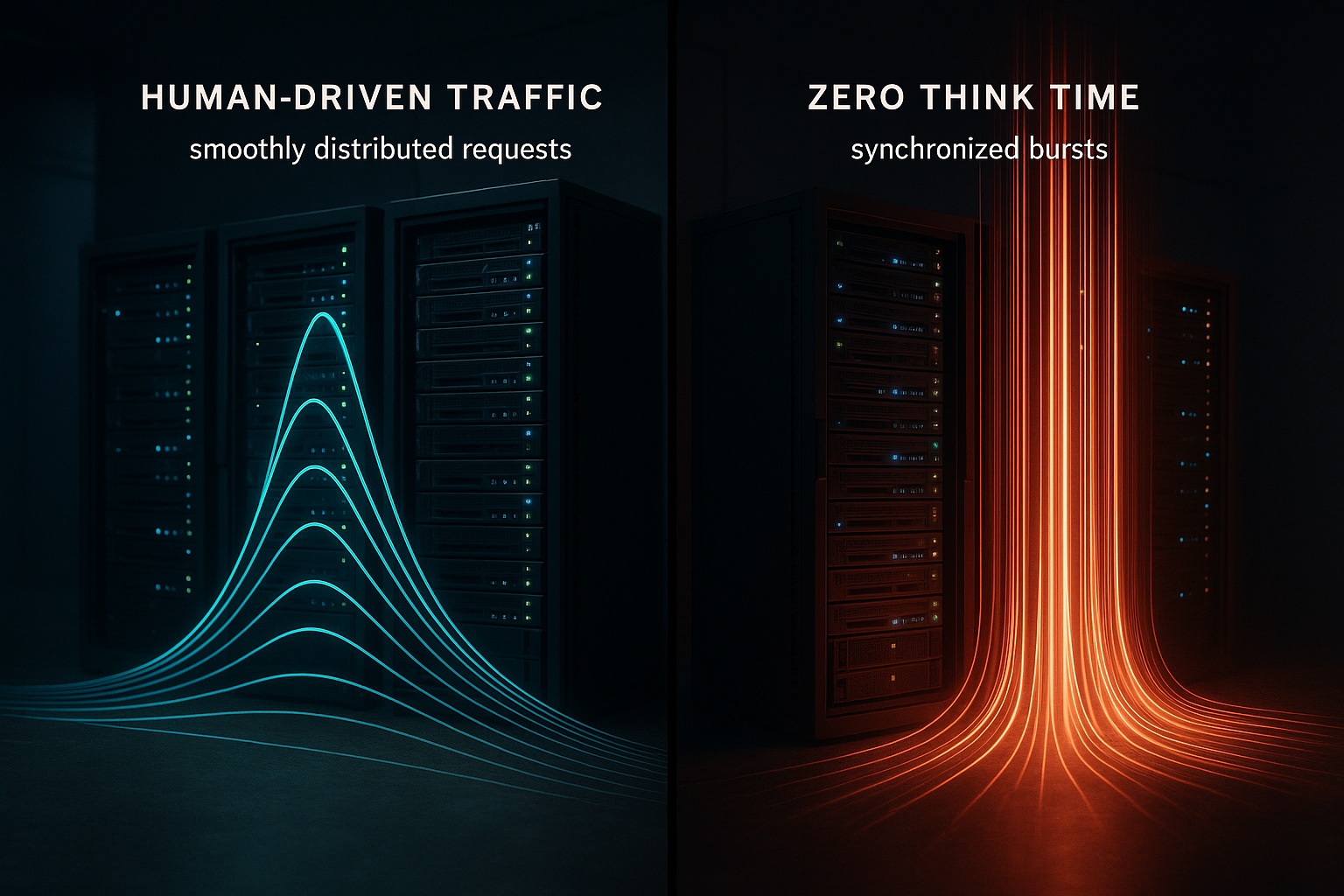 Think Time Statistical Distributions A cinematic illustration showing the statistical distributions of think time. The image contains overlapping Gaussian, Uniform, Log-normal, and Exponential curves, each labeled with examples of application scenarios. The curves are set against a grid on a dark background for clear separation, symbolizing data analysis. Style: cinematic illustration, informative, statistical.