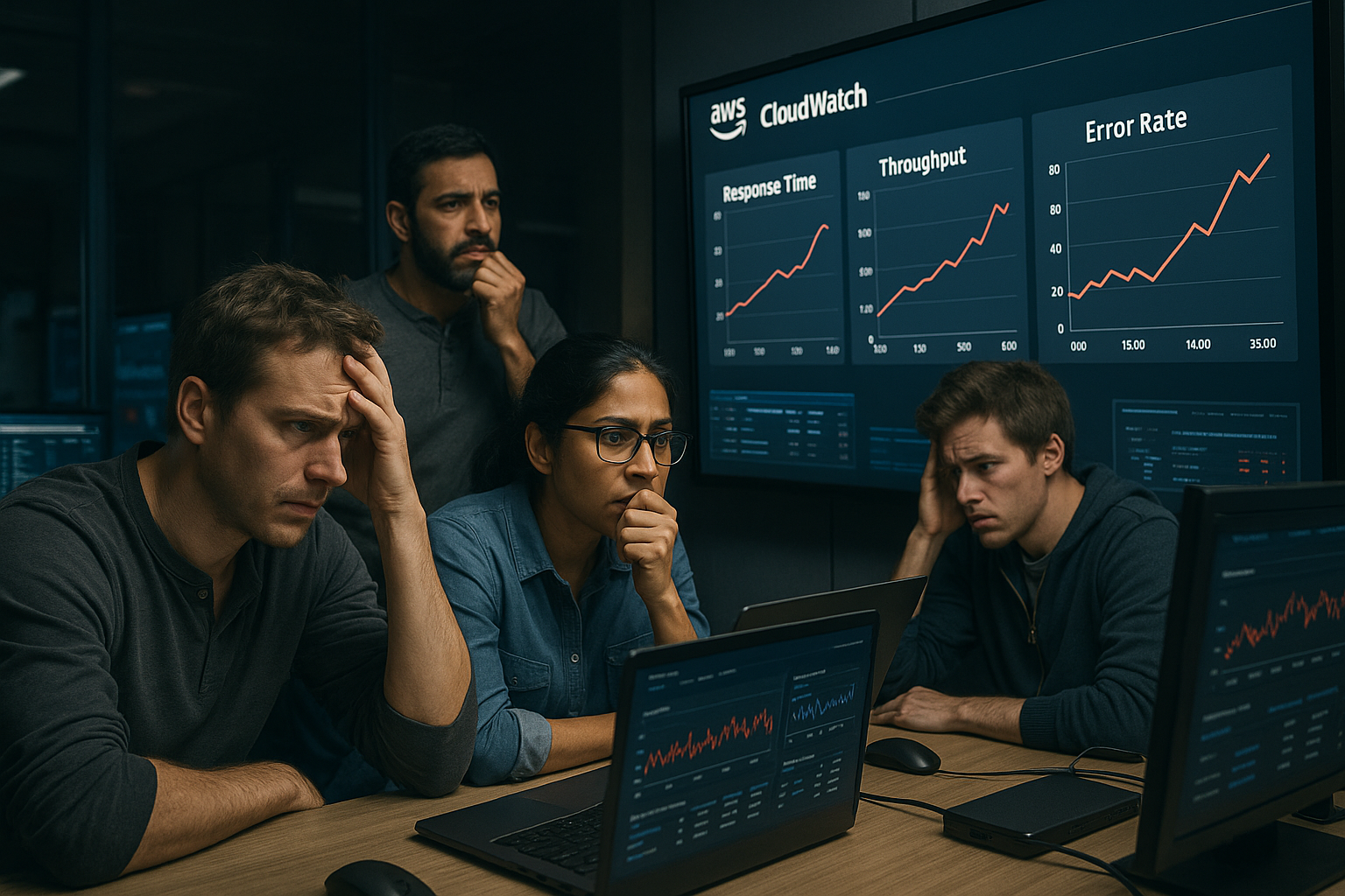 Engineering Team Under Pressure A photorealistic composite of a stressed engineering team in a modern tech office, anxiously examining CloudWatch dashboards on a large screen. The room has a tech aesthetic with screens and devices showing AWS dashboard data, featuring graphs of response time, throughput, and error rates, all under pressure with escalating metrics. Mood: tense yet focused, side-angle shot.