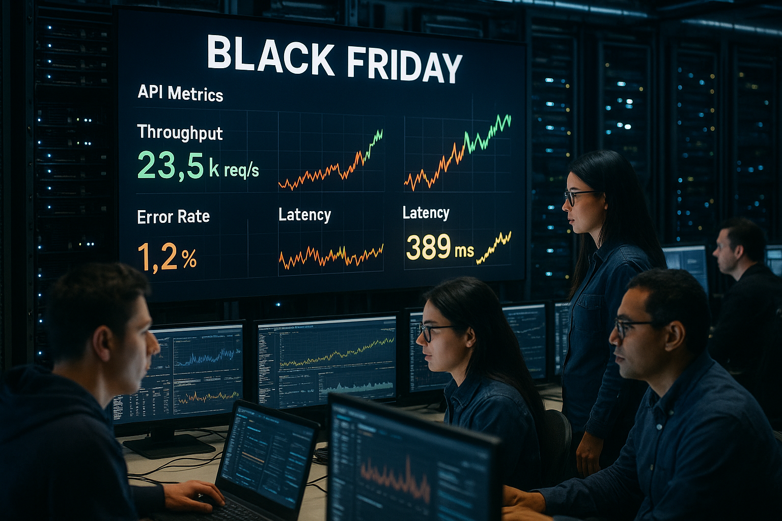Black Friday API Strain A photorealistic scene of a busy e-commerce server room during Black Friday, showcasing a large digital display. The display shows API metrics such as throughput, error rate, and latency in real-time as traffic surges. Engineers are actively monitoring the screens, highlighting the intensity and critical nature of the event.