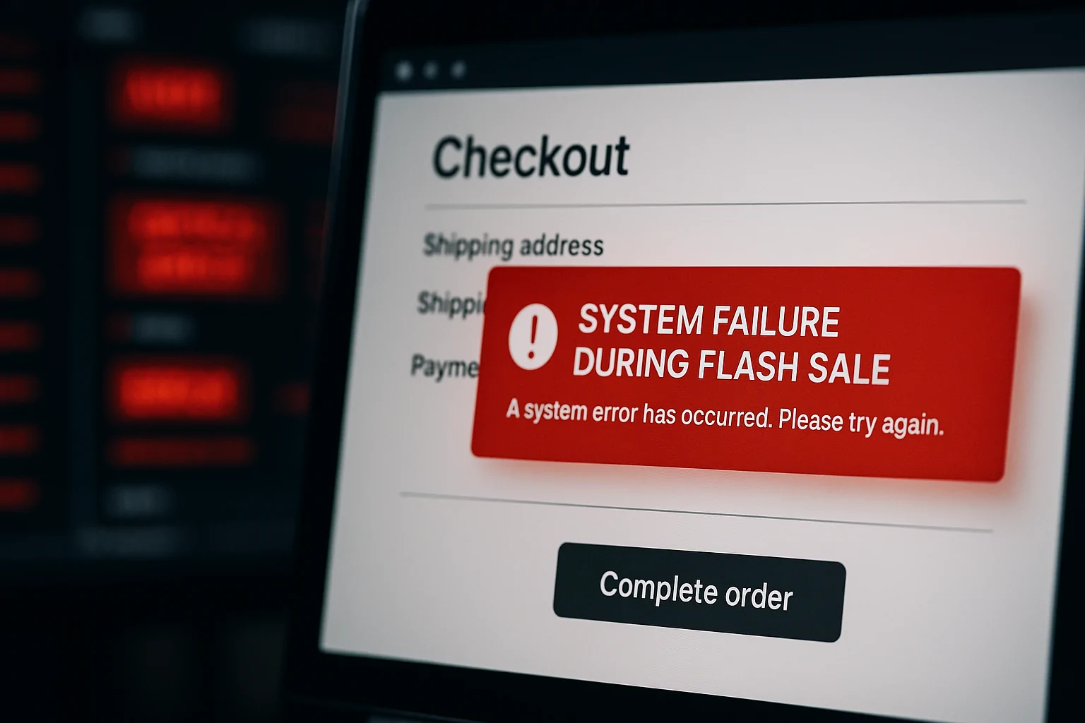 A photorealistic close-up of a retail platform's checkout page with a red error notification indicating a system failure during a flash sale. Background shows a blurred monitoring dashboard with various red alerts and critical error notifications, symbolizing a crisis scenario. Style: sharp, dramatic realism with focus on the checkout error.