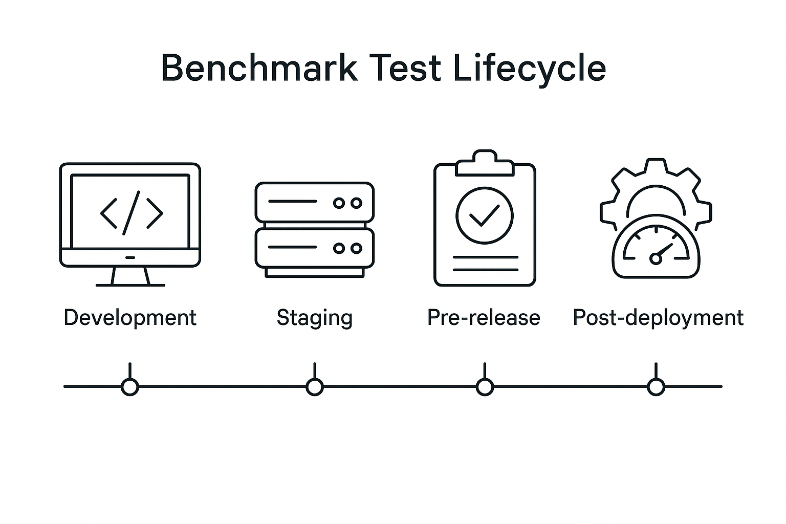 Benchmark Testing Lifecycle A vector line-art illustration showing a timeline of a benchmark test lifecycle. The timeline is segmented into four phases: Development, Staging, Pre-release, and Post-deployment, each represented with distinct icons and annotations. Style is clean and minimalist, with a focus on clarity and educational value.