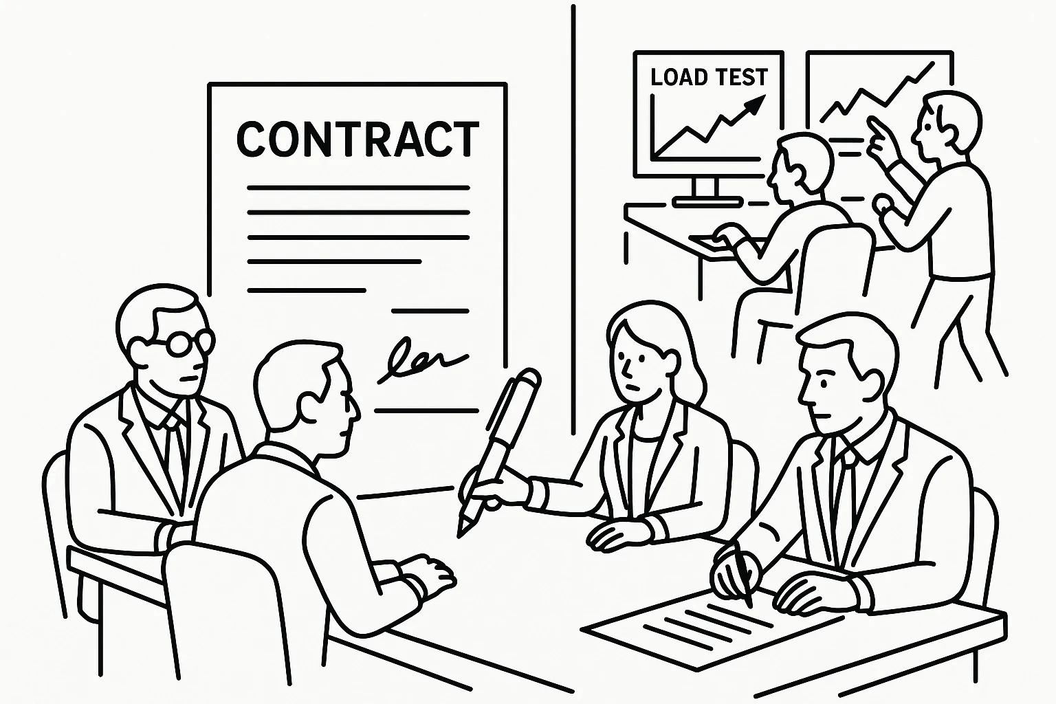 The Disconnect in SLA Drafting A clean, vector line-art illustration of a contract being drafted by a group of executives around a table, with the engineering team in the background running a load test on computer screens. Style: minimalist, illustrating disconnection between management and technical validation, conveying urgency.