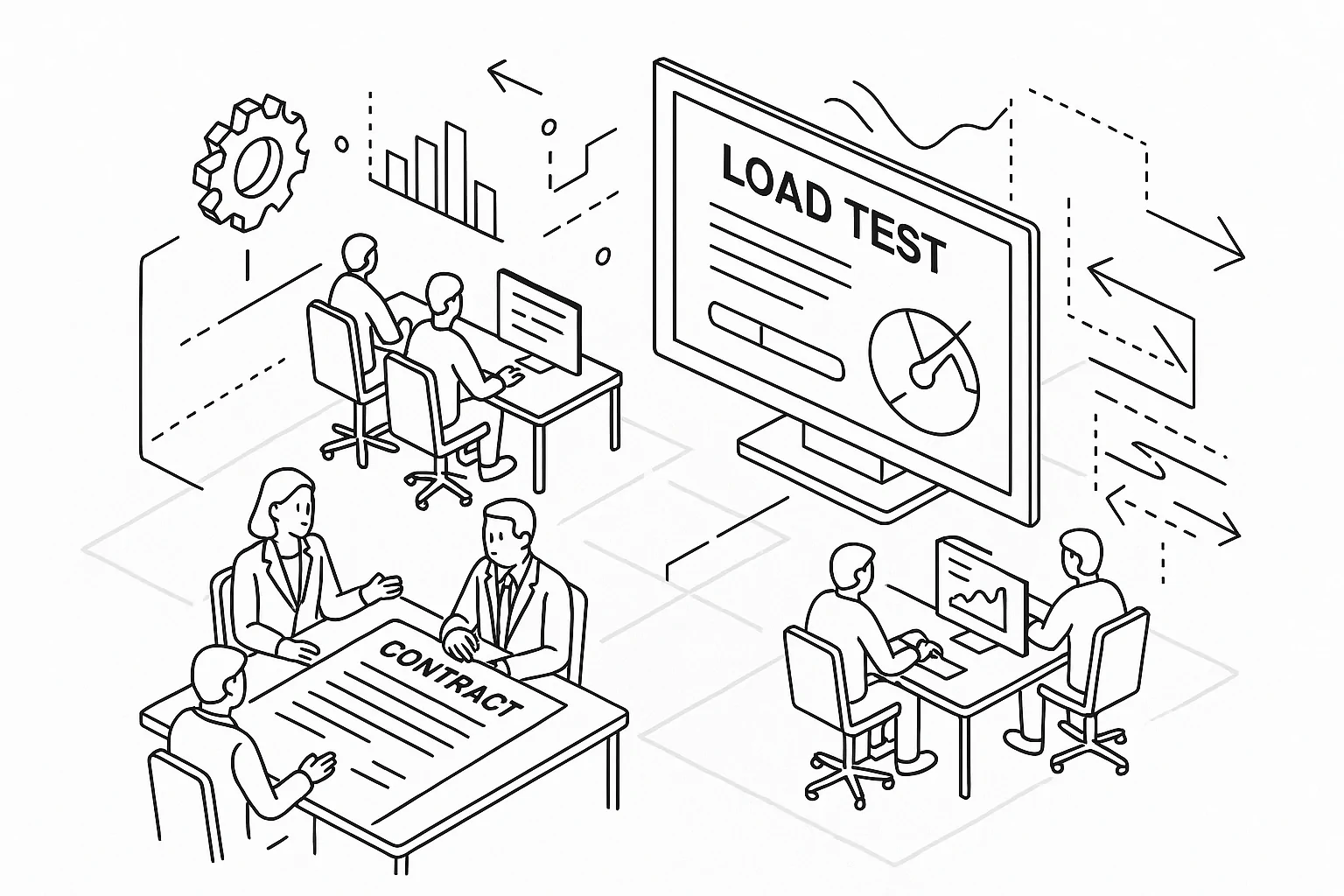 Comprehensive Load Testing Environment 3D isometric render of a performance testing scenario showing a digital environment where load tests are conducted, including simulated users interacting with a web application under test. The scene is bustling with activity, featuring dynamic progress bars and data flow visualizations.