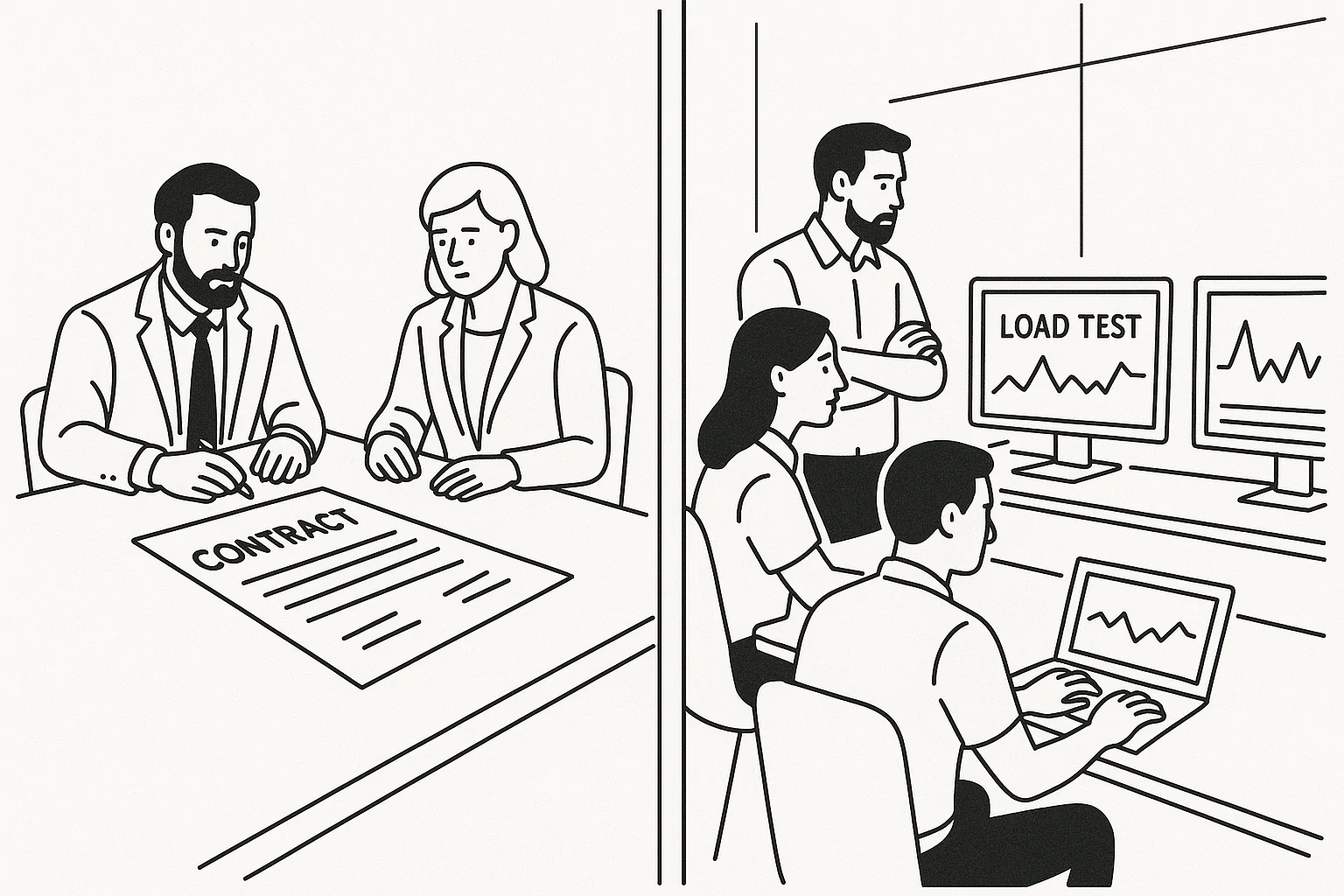 Proactive SLA Monitoring Hub A cinematic illustration of an engineering team in a data center, actively monitoring server performance with large screens showing alert thresholds at different levels of error budget consumption. The room should convey a sense of anticipation and readiness, with the team preparing for future SLA breaches.