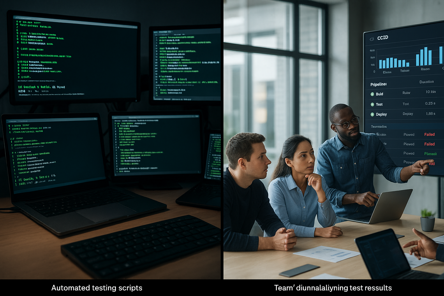 Complexities of Regression Testing A photorealistic split-screen composite showing the complexities of software regression testing. Left side: multiple automated testing scripts running in parallel, depicted on various monitors and terminal screens. Right side: a team of developers collaboratively analyzing test results in a modern office space with screens displaying a CI/CD pipeline dashboard. Style: realistic, tech-forward, clean, and data-centric.