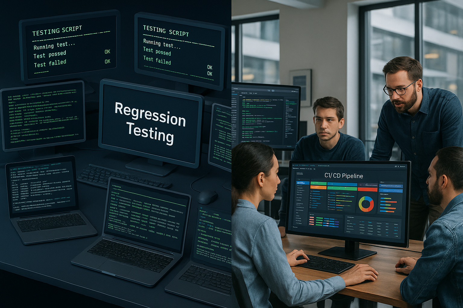 Tiered Regression Execution Model A 3D isometric render of a tiered regression test execution model, depicting different testing stages: smoke/critical path, extended functional, and comprehensive edge cases. Each stage shown as levels on a pyramid, with visual indicators of CI/CD integration such as cloud-sync icons and data flow arrows. Style: vibrant, structured with a dark gradient background for emphasis.