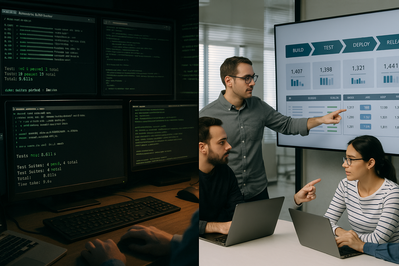 Environment Drift in Regression Testing A cinematic illustration showing an environment drift scenario in regression testing. Depicted is a dystopian landscape where diverse technological environments (e.g., differing server stacks, database versions, and runtime environments) clash with visible glitches. Engineers work to align and fix the environmental differences using futuristic tools. Style: abstract, dynamic with a sense of urgency.