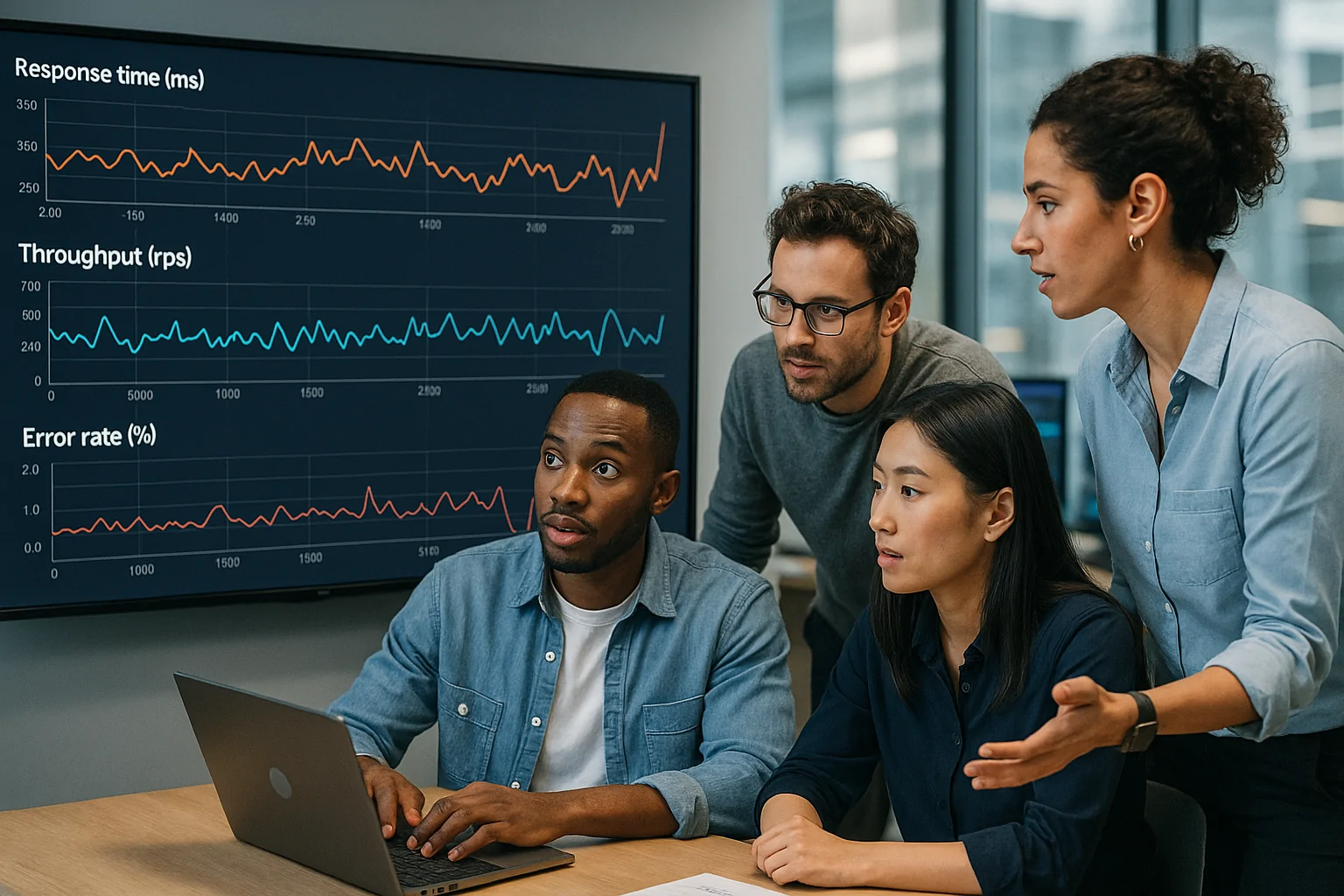 Distributed Stress Testing in Microservices A 3D isometric render of a microservices architecture, illustrating distributed stress testing. Key services are highlighted with stress indicators such as traffic spikes and alert icons. The environment setup depicts interlinked services with scalable cloud infrastructure, contrasted against a dark gradient background for modernity.