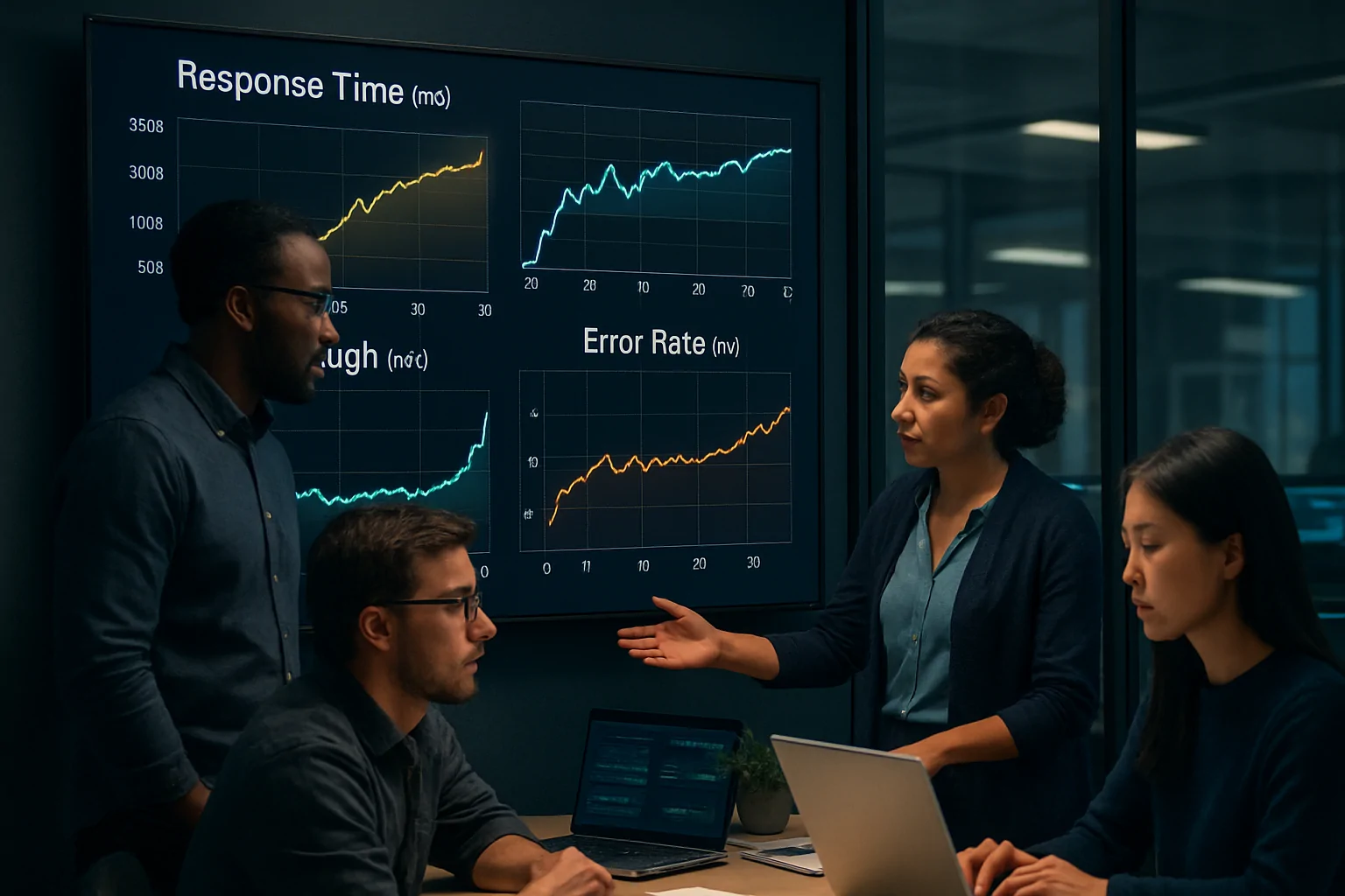 Monitoring Performance Metrics in Stress Testing A cinematic illustration of a digital dashboard showing complex performance metrics during a stress test. The dashboard displays response time percentiles, error rates, and throughput, set against a glowing backdrop to emphasize data clarity. Style: cinematic, with a focus on clarity and data insight.