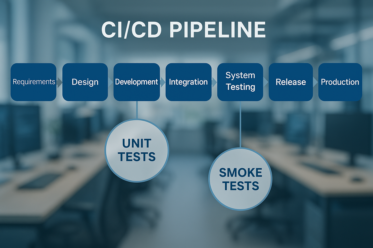 Visualizing the SDLC Timeline with Shift Left Testing A photorealistic composite depicting a CI/CD pipeline. Highlight the left-to-right lifecycle stages: Requirements, Design, Development, Integration, System Testing, UAT, Release, Production. Overlay transparent markers for where testing activities like unit tests and smoke tests are integrated early in the cycle. Clean, modern tech aesthetic with blue accents.
