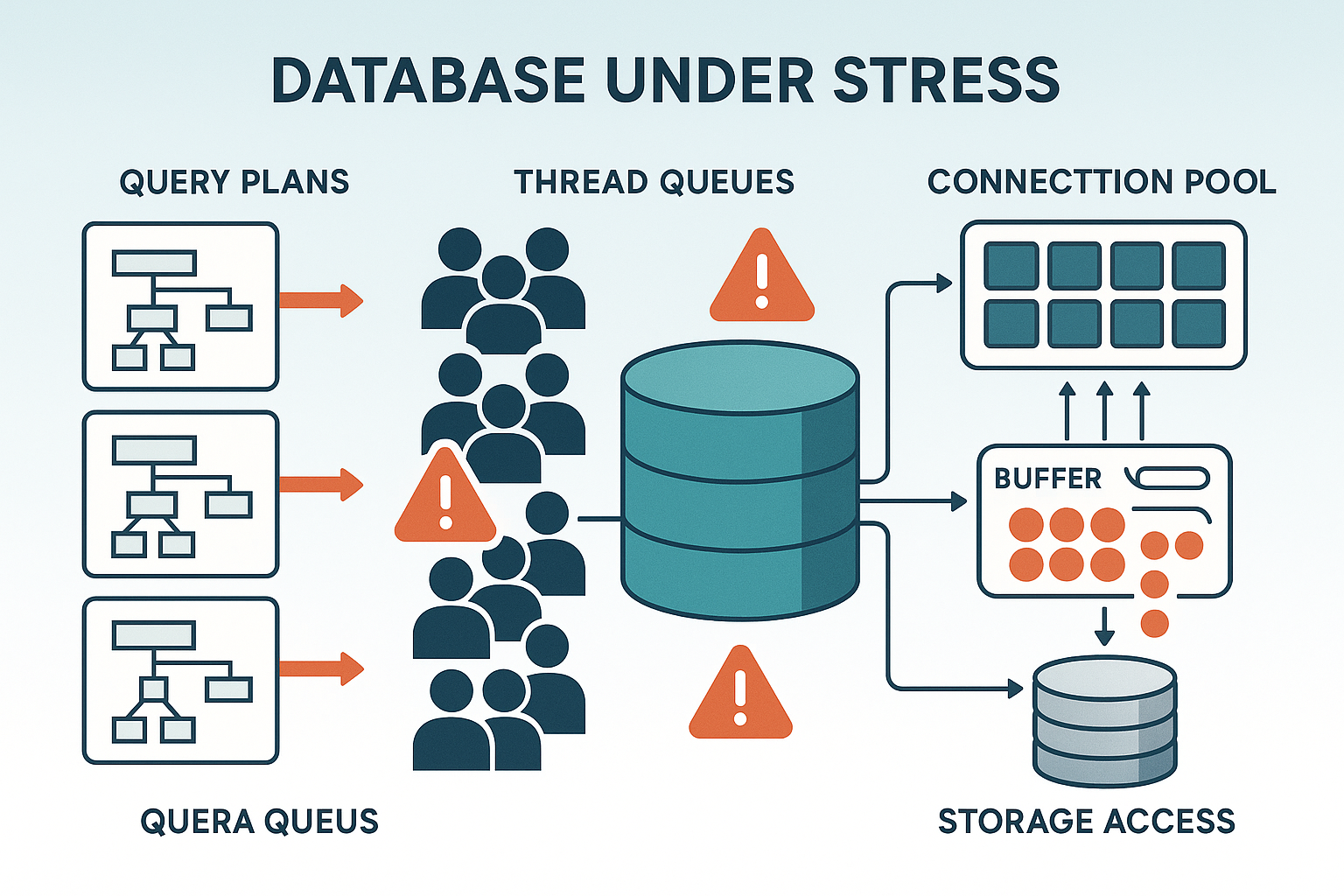 Understanding Database Load Failures Create a detailed illustration of a database under stress, with various elements symbolizing concurrent queries: threads forming queues, connection pools running at max capacity, and buffer spilling to disk. Style should be a clean, modern tech infographic with labeled sections showing query plans, thread queues, and storage access. Employ a subtle gradient background to highlight key areas.
