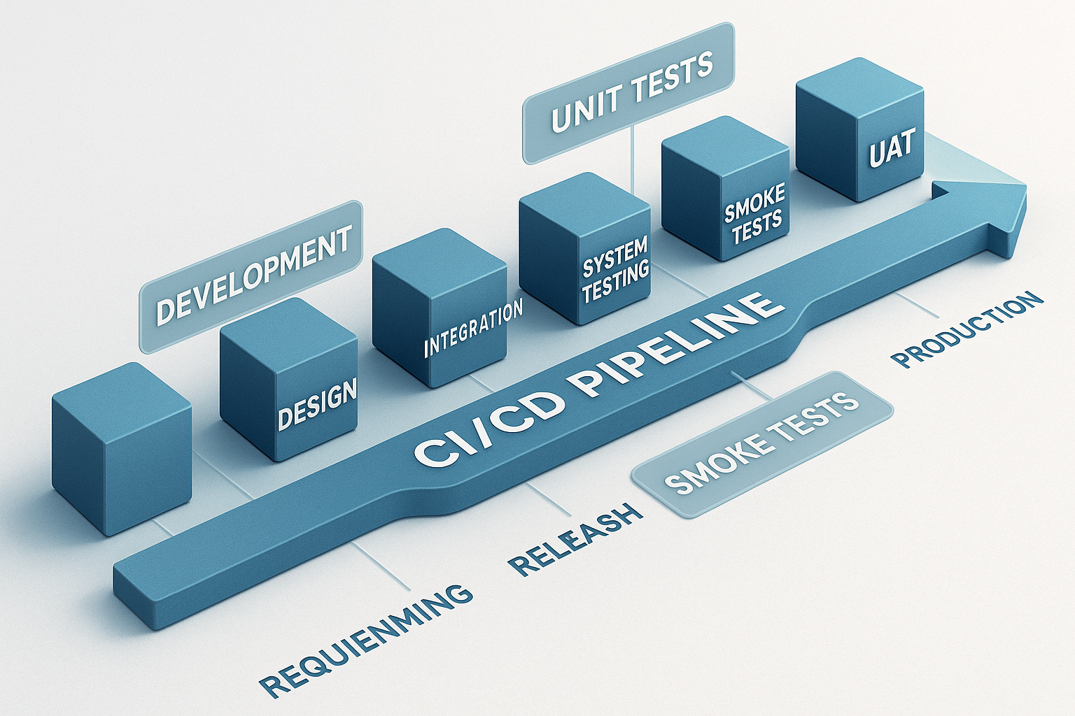 Overview of CMU SEI's Four Types of Shift Left Testing Isometric 3D render illustrating the CMU SEI's four types of shift left testing. Each type (Traditional, Incremental, Agile/DevOps, Model-Based) is represented with symbolic icons and descriptions in a clear, spatial layout. Use a clean, polished tech aesthetic with soft shadows.