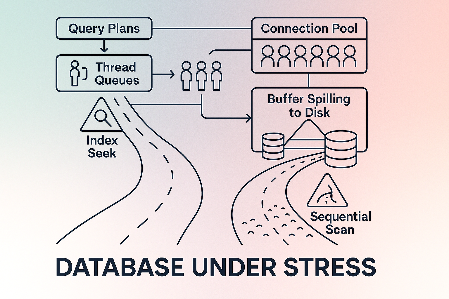 Navigating Query Plan Choices Depict a sequence of query plans as roadmaps guiding data traffic through a database. Include small traffic signs indicating 'Index Seek' and 'Sequential Scan'. The scene transitions from smooth highways (Index Seek) to bumpy dirt roads (Sequential Scan), representing query plan degradation. Style: vector line-art with a focus on clarity and educational value.