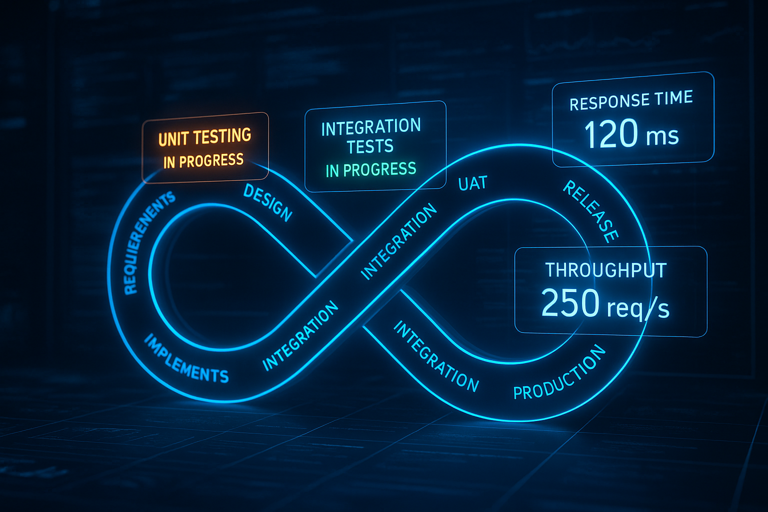 Automated Shift Left CI/CD Pipeline in Action A cinematic illustration showing an automated CI/CD pipeline interface, with flashing indicators for unit testing, integration tests, and performance smoke tests in progress. Overlay real-time metrics like response time and throughput. RadView Blue highlights create a high-tech, fast-paced environment.