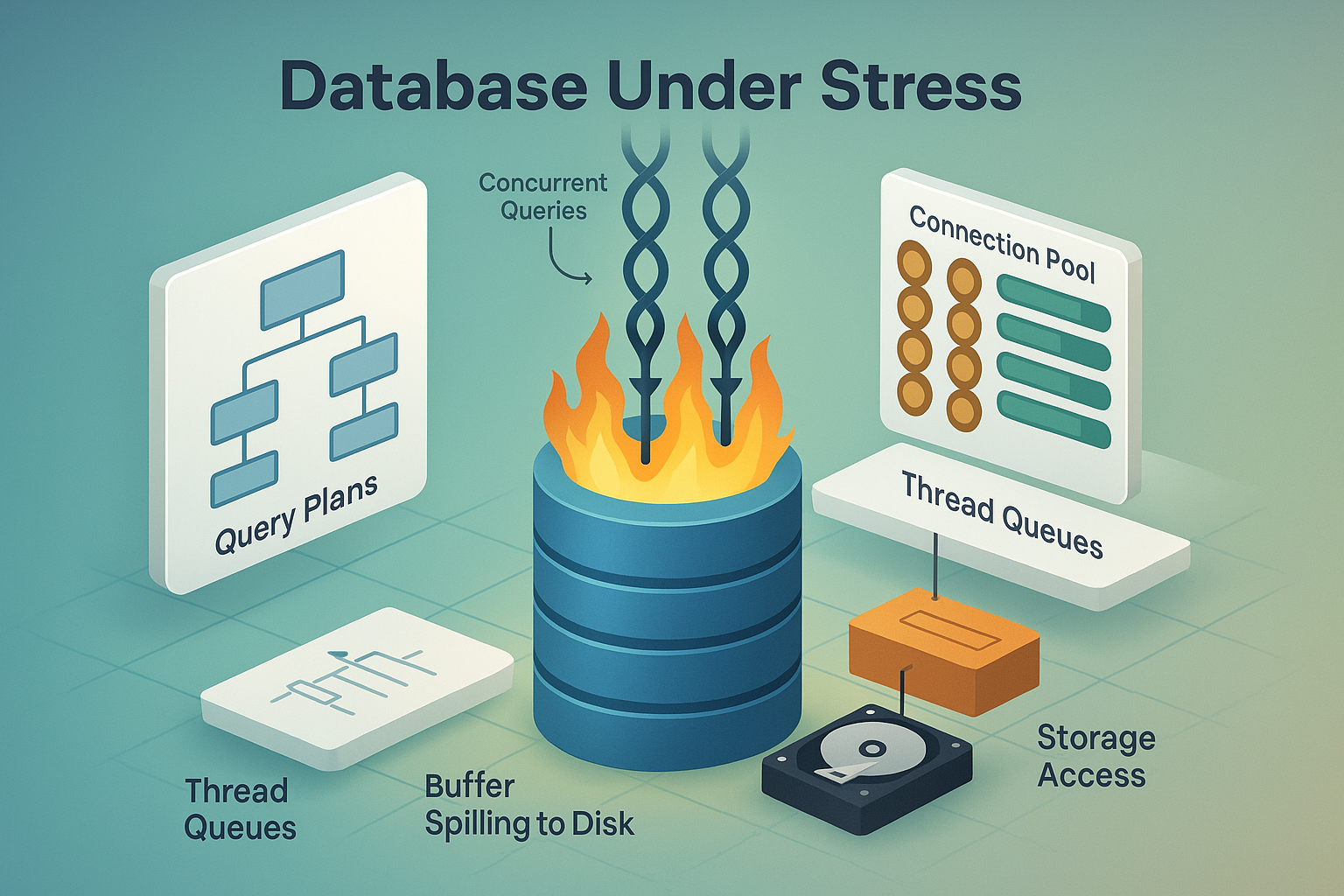 Comprehensive Database Load Test Types Create a 3D isometric render of a multi-layered diagram showing different types of database load tests: Read-heavy OLTP, Write-heavy, Mixed workload, and Batch processing. Each layer should visually represent the key metrics and outcomes related to each test type in a clean, grid-based layout with descriptive annotations.