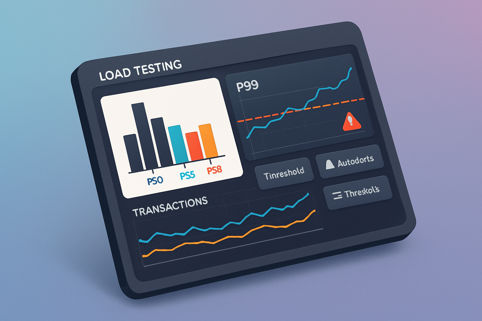 Real-Time Load Testing Dashboard 3D isometric render of a load testing dashboard displaying live P99 metrics alongside transaction statistics over time. Dashboard elements include percentile graphs, thresholds, and automated alert triggers. Style: modern tech aesthetic with a subtle gradient background, creating a professional and futuristic vibe.