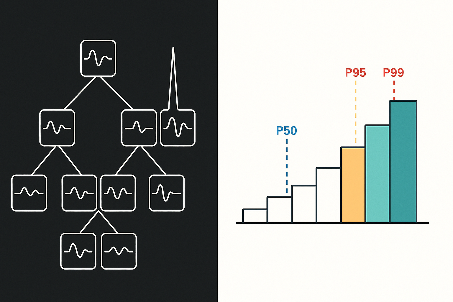 Microservices Fan-Out and Tail Latency Vector line-art depicting a network of interconnected microservices, emphasizing fan-out architecture. Each node shows varying latency, with a prominent spike on one node illustrating how a single service can affect the entire system. Style: minimalist with a data-driven focus and a dark background for contrast.